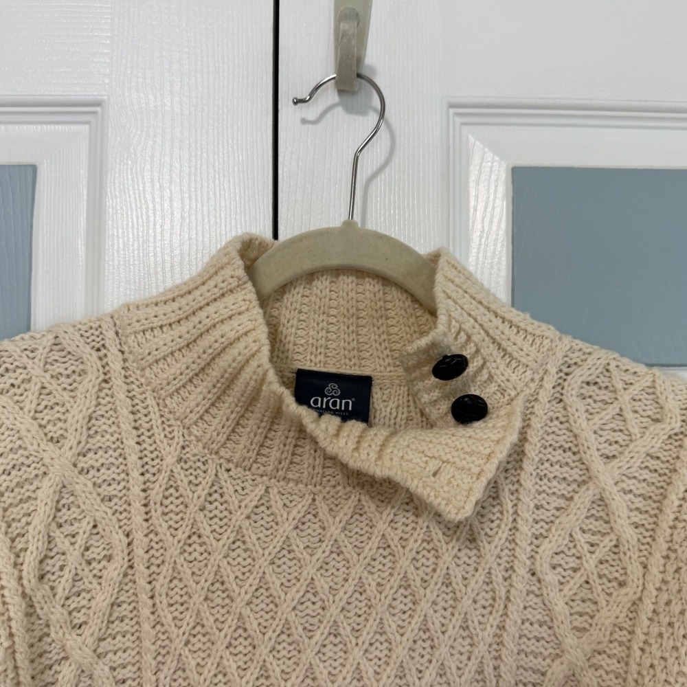 Aran Woollen Mills Merino Wool Cable Knit Button Mock Neck Sweater Cream Mens M - Picture 2 of 7